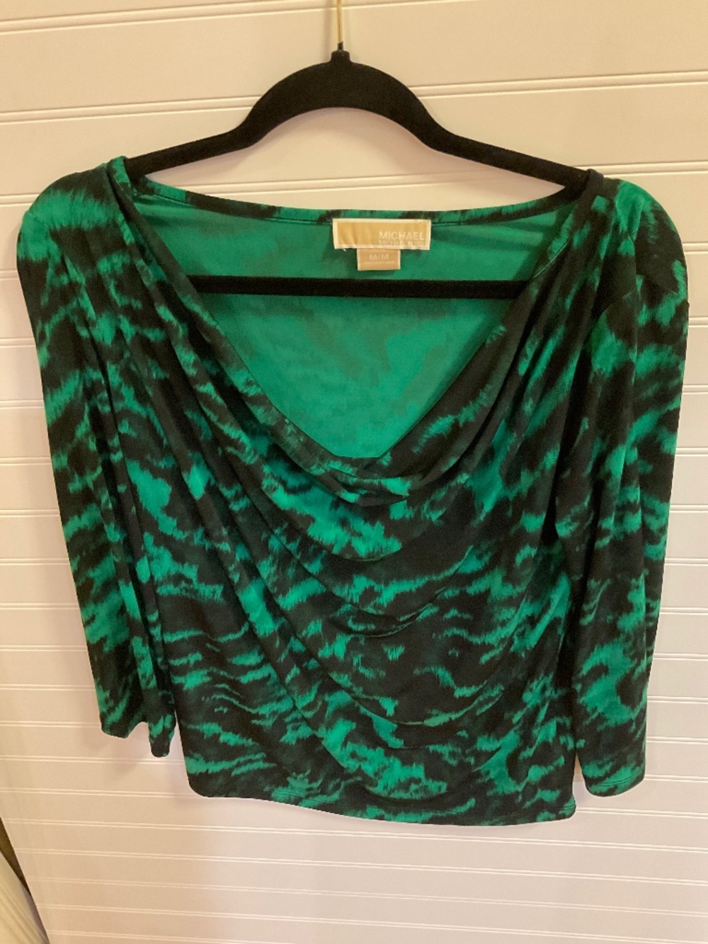 Michael Kors Green Black Abstract Print Faux Wrap Long Sleeve Size: M. Pre Owned